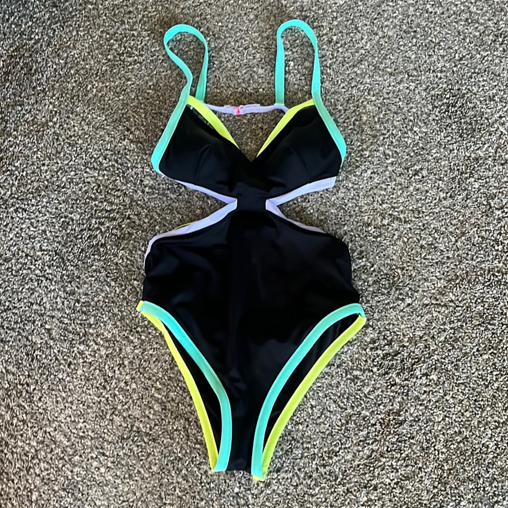 Victoria's Secret Black One Piece with Blue and Yellow Accents